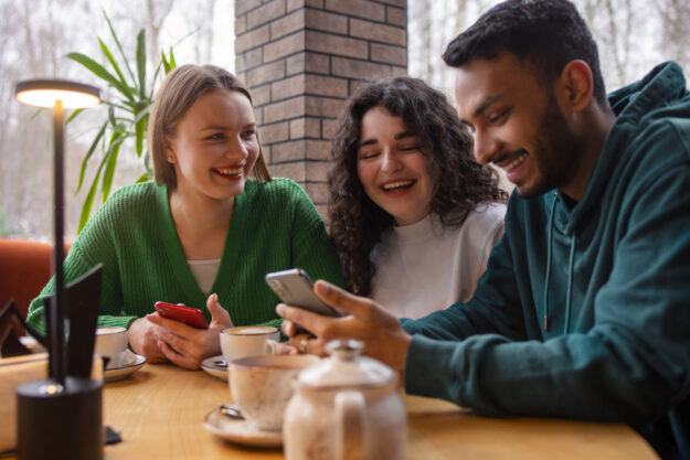 Drie jongeren aan een tafel die naar een telefoon kijken op social media